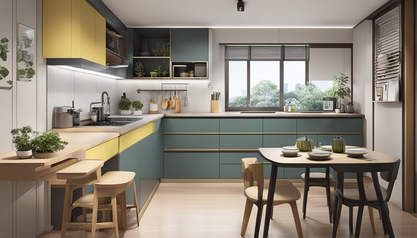 The 3-room HDB kitchen is organized with clever storage solutions, maximizing space. Open shelves, pull-out drawers, and a compact dining area create a functional and stylish design