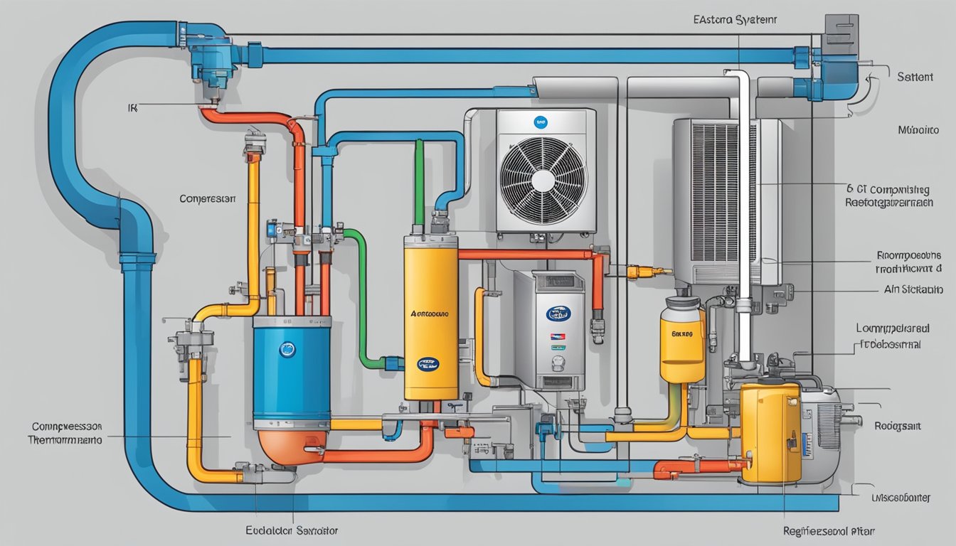 A diagram showing the components of an aircon system, including the compressor, condenser, evaporator, and thermostat, with arrows indicating the flow of refrigerant and air