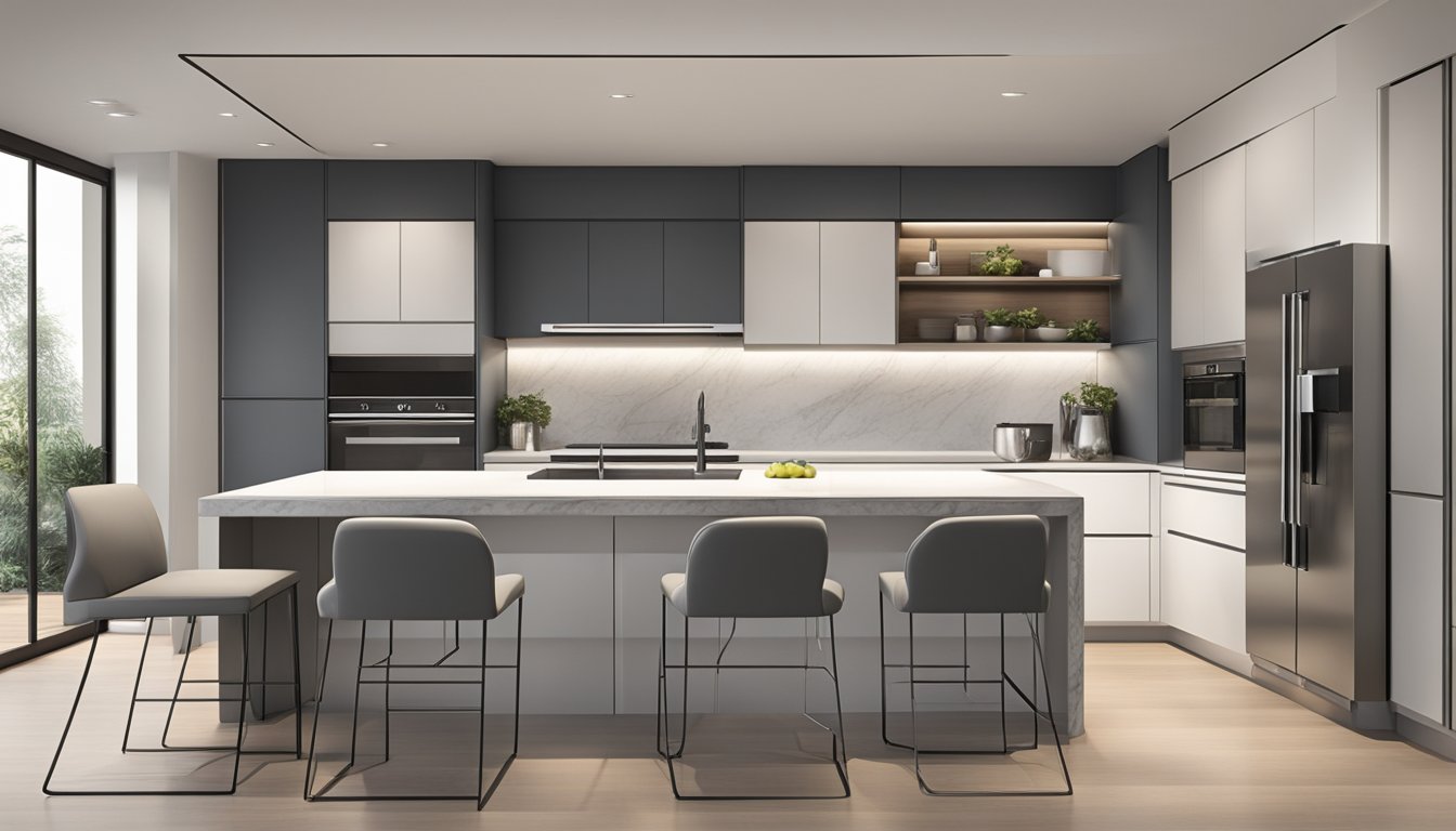 A modern, sleek kitchen with ample storage, integrated appliances, and a central island. Clean lines and neutral colors create a stylish and functional space