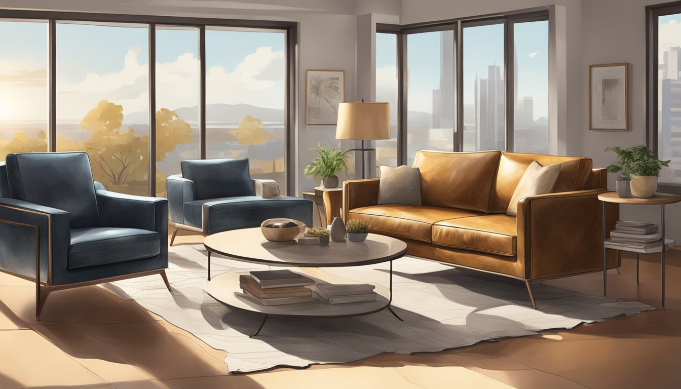 A sleek faux leather chair sits in a sunlit room, showcasing its durability and stylish appearance. Nearby, a torn faux leather sofa highlights its vulnerability to wear and tear