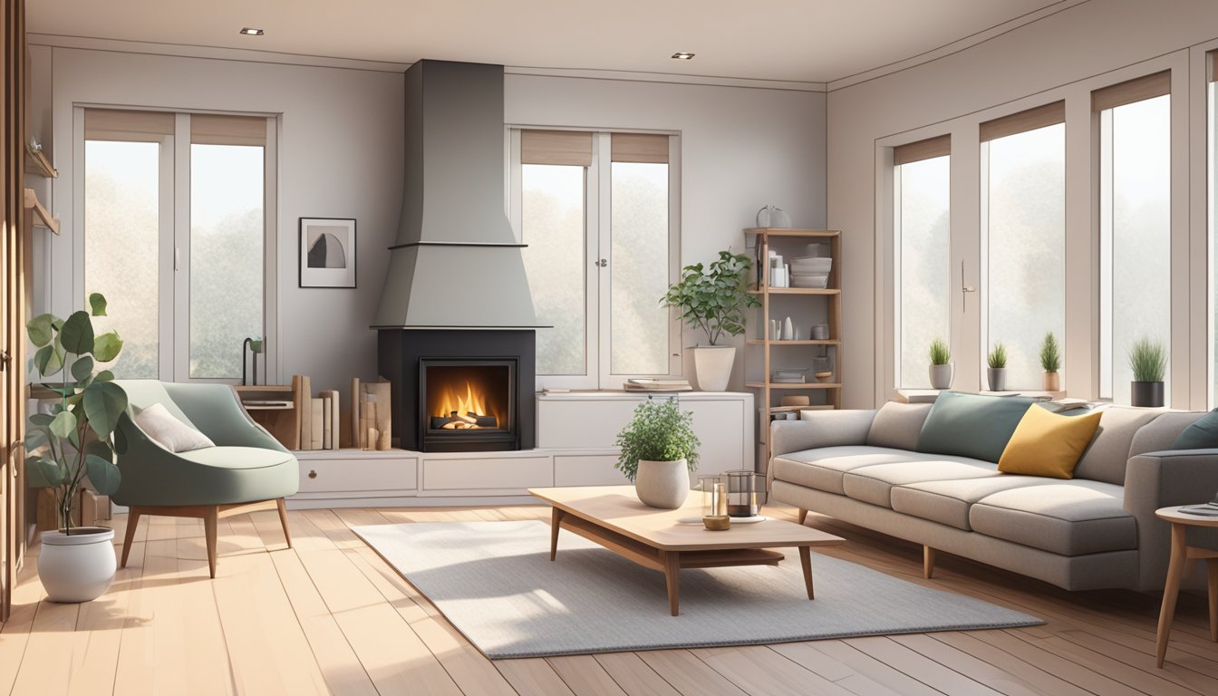 A cozy nordic interior with minimal furniture, natural light, and neutral colors. A fireplace, wooden floors, and clean lines create a serene atmosphere