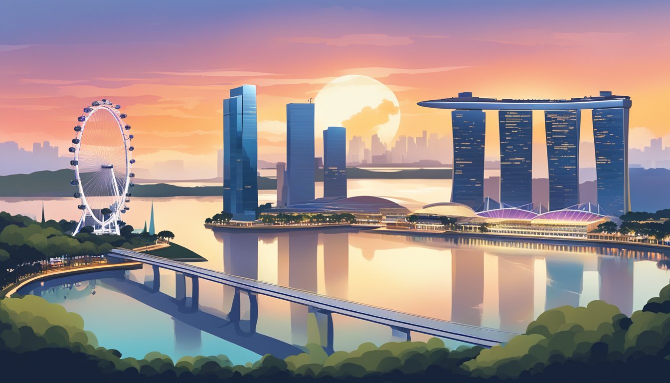 A serene Singapore skyline at sunset, with iconic landmarks like the Marina Bay Sands and the Singapore Flyer, set against a colorful sky