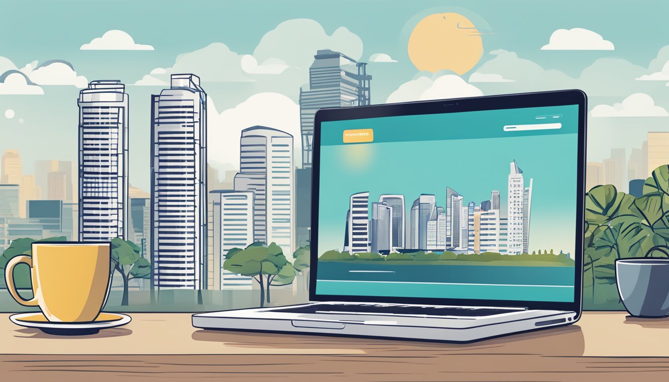 A laptop displaying StashAway Simple website with a Singapore skyline in the background. A cup of coffee and a notebook sit next to the laptop