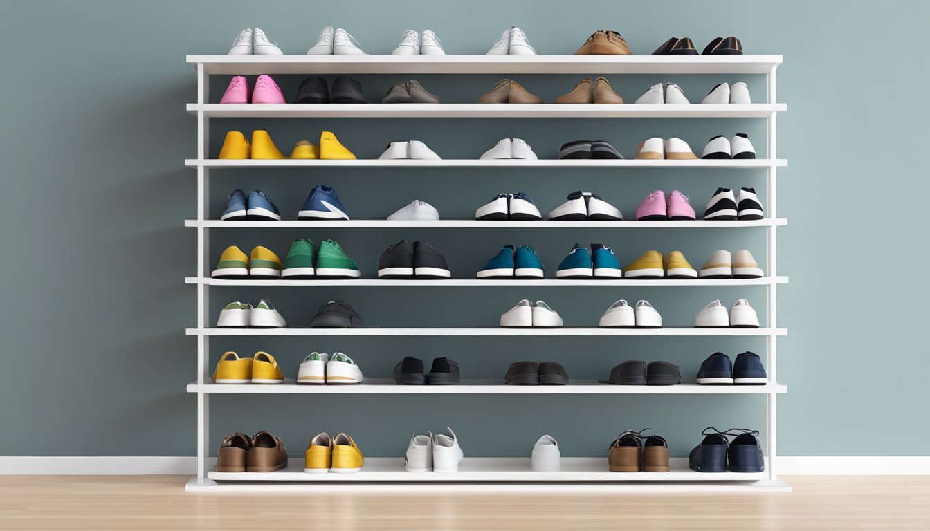 A sleek, minimalist shoe rack stands against a white wall. It features clean lines and open shelving, with space for several pairs of shoes