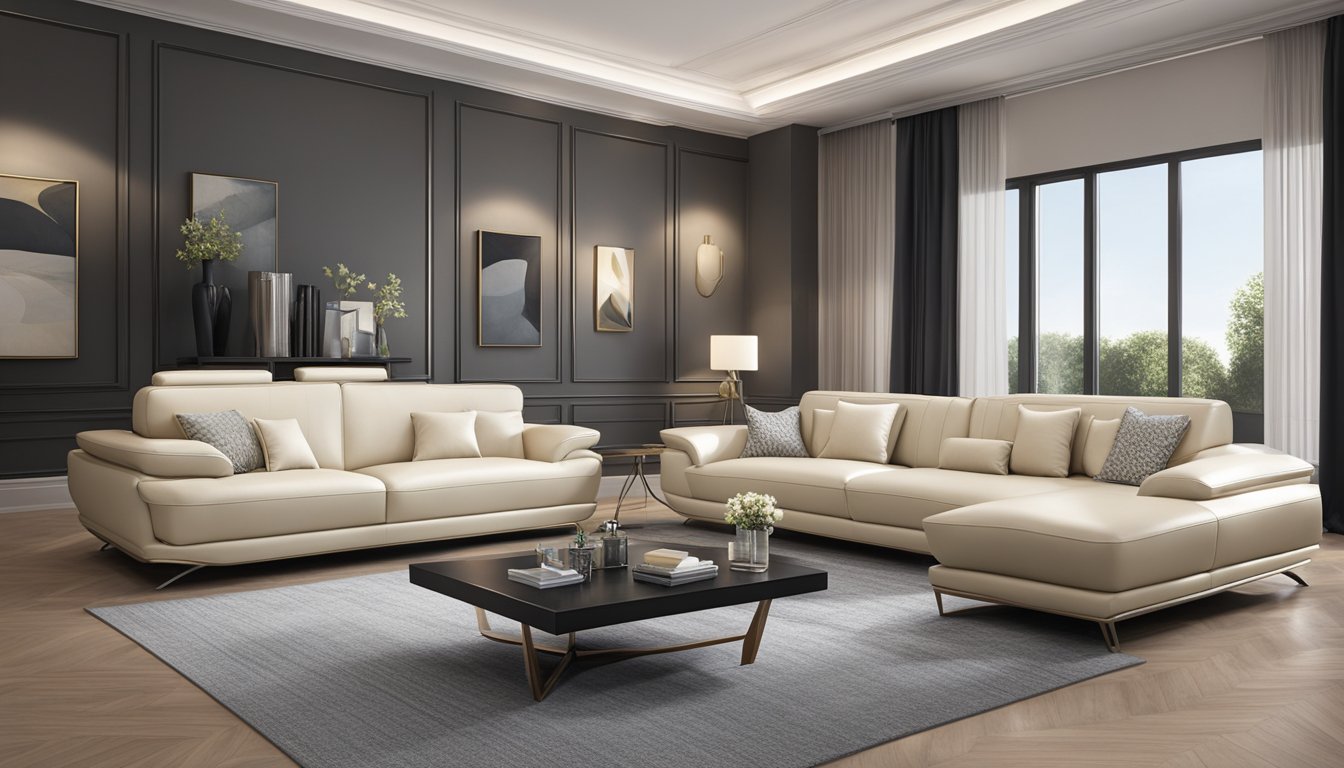 A sleek, modern sofa made of faux leather, with a luxurious sheen and smooth texture. It exudes sophistication and durability, perfect for a contemporary living room setting