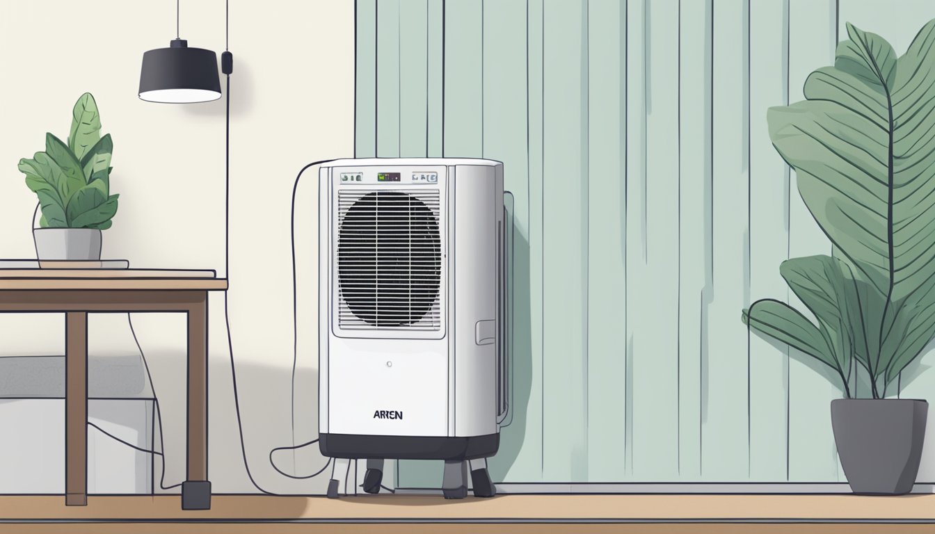 An aircon dehumidifier sits on a table, with a cord plugged into the wall. A small LED screen displays "Frequently Asked Questions" in bold letters