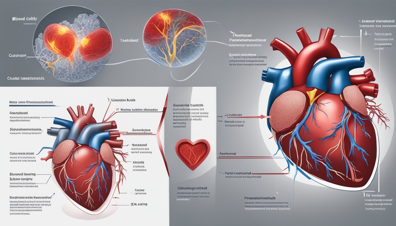 A blood clot forms in the heart, leading to cardiac thrombosis and potential death. Risk factors and causes are highlighted in the scene