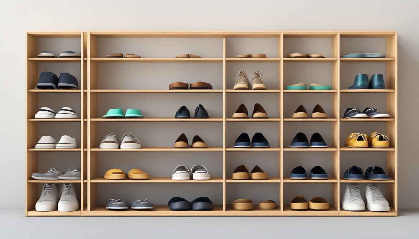 A wooden shoe rack stands against a white wall, showcasing its simple and functional design. Multiple shelves provide ample space for organizing various pairs of shoes