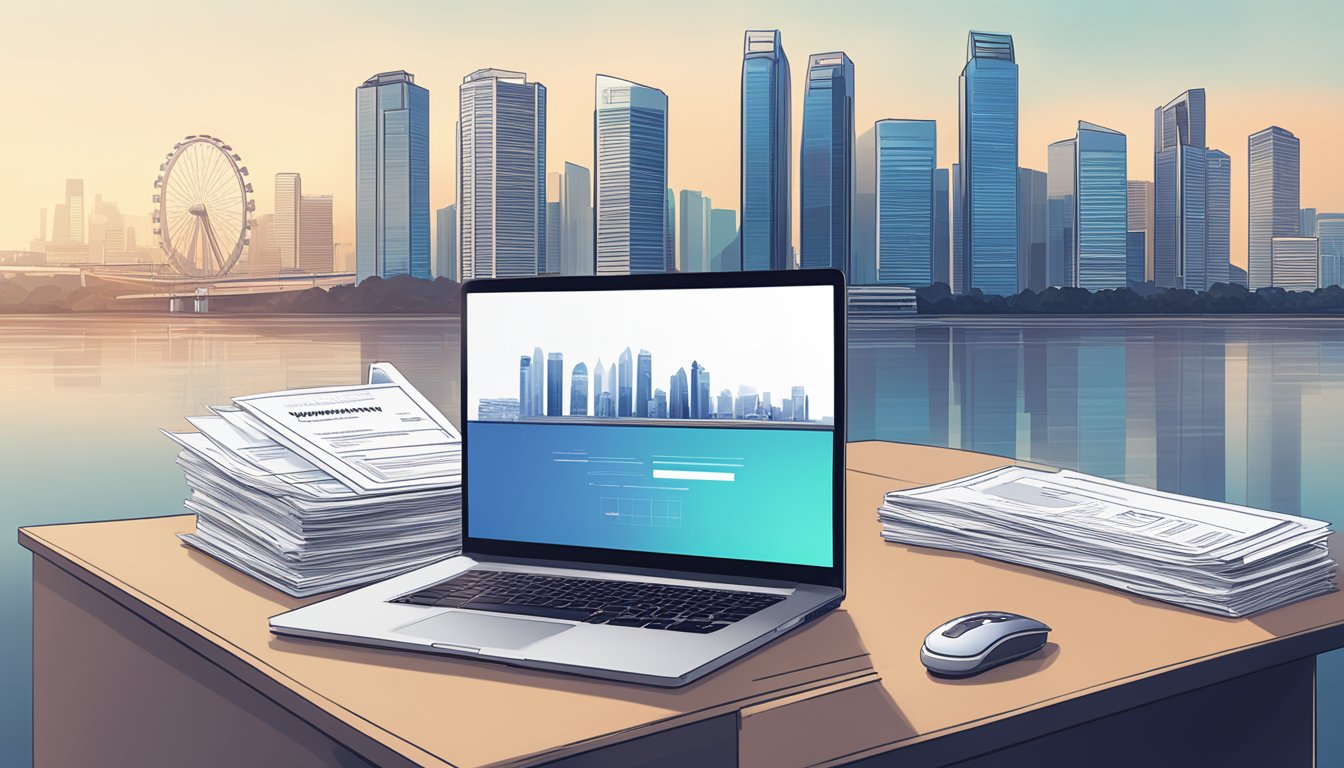 A stack of financial documents and a laptop with the StashAway Simple website open, surrounded by a minimalist office setup with a Singapore skyline in the background
