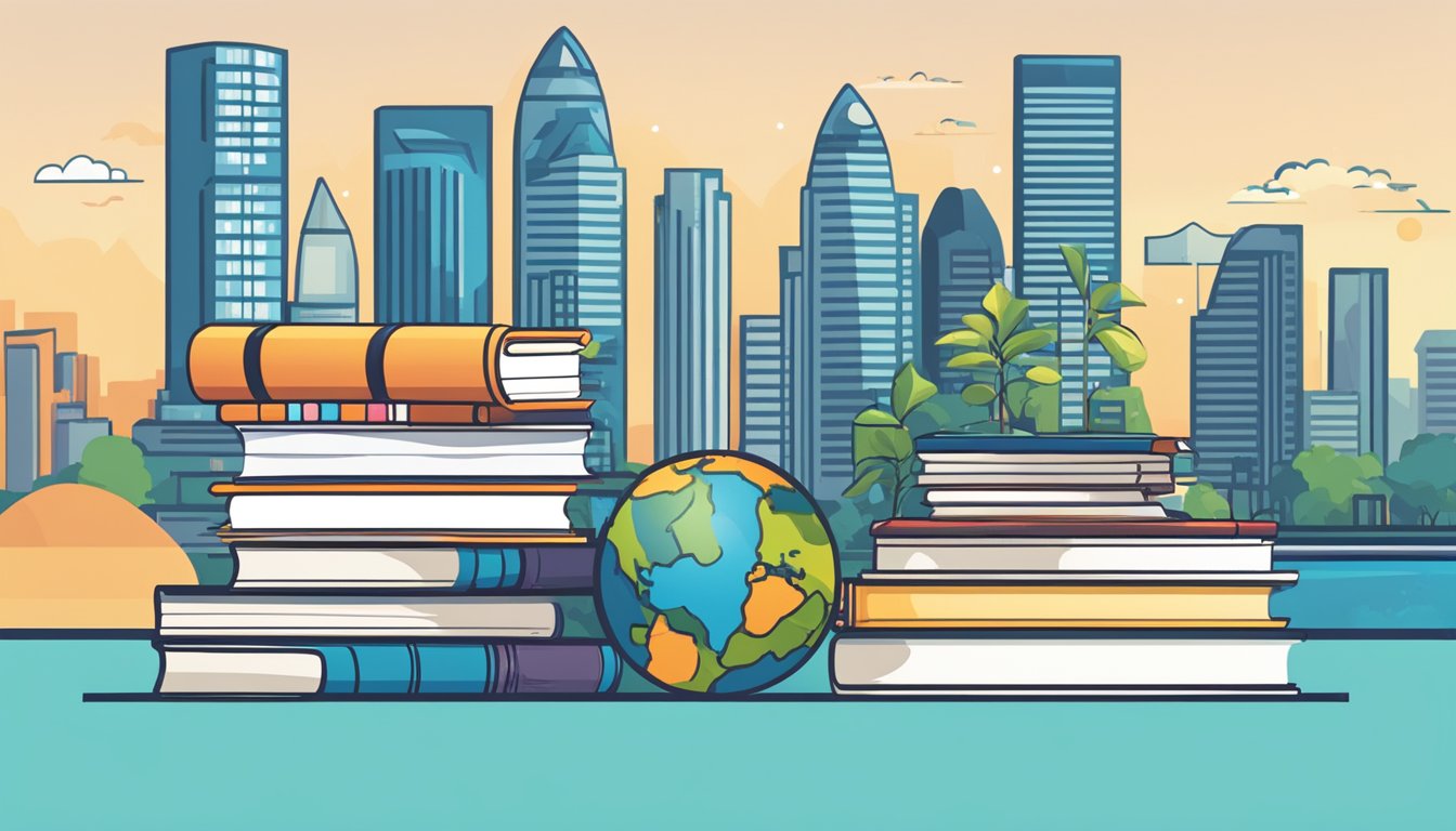 A stack of educational resources sits neatly organized next to a StashAway Simple Review logo, set against the backdrop of the Singapore skyline