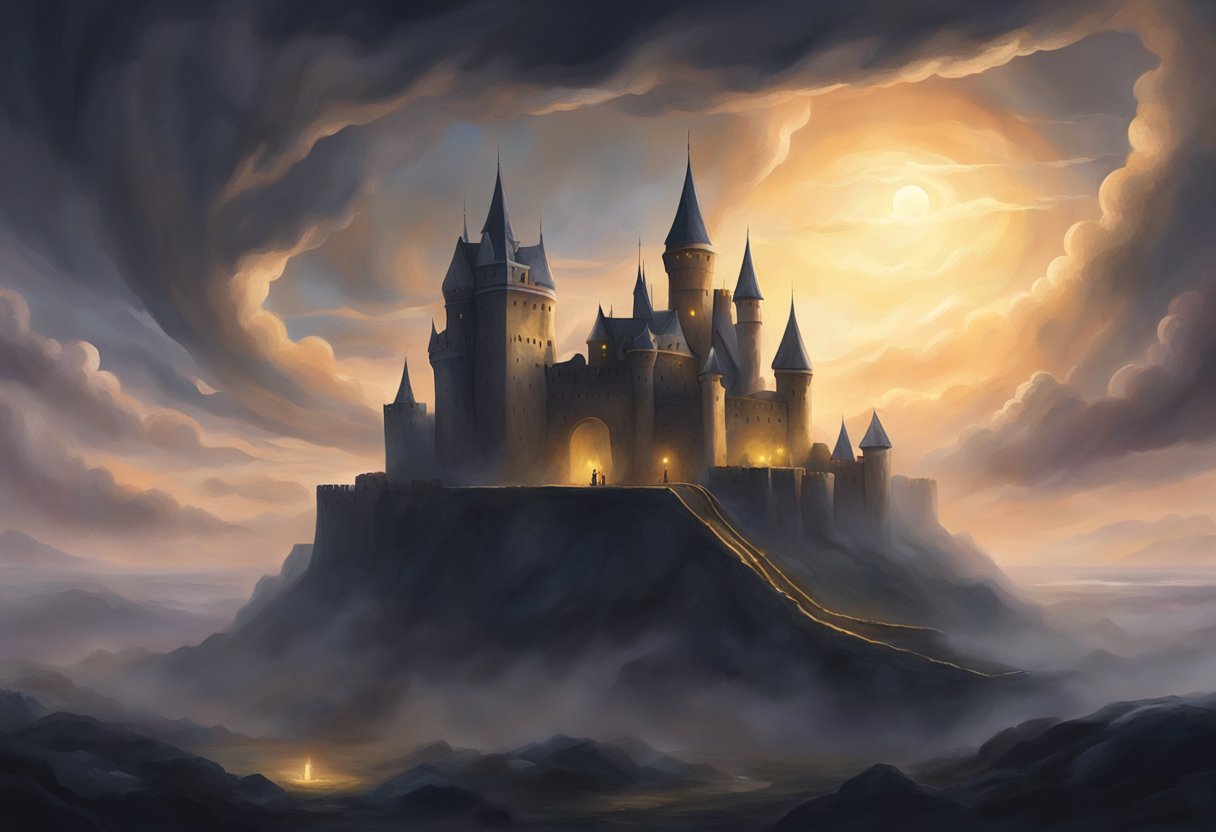 A dark and mysterious fortress looms in the distance, surrounded by swirling clouds and eerie lights. The stronghold exudes an aura of power and secrecy, hinting at the presence of the enigmatic strange woman within