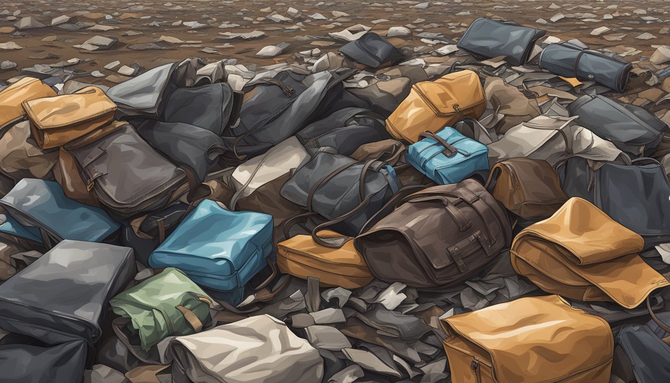 A pile of worn-out faux leather products next to a landfill, with cracks and peeling visible