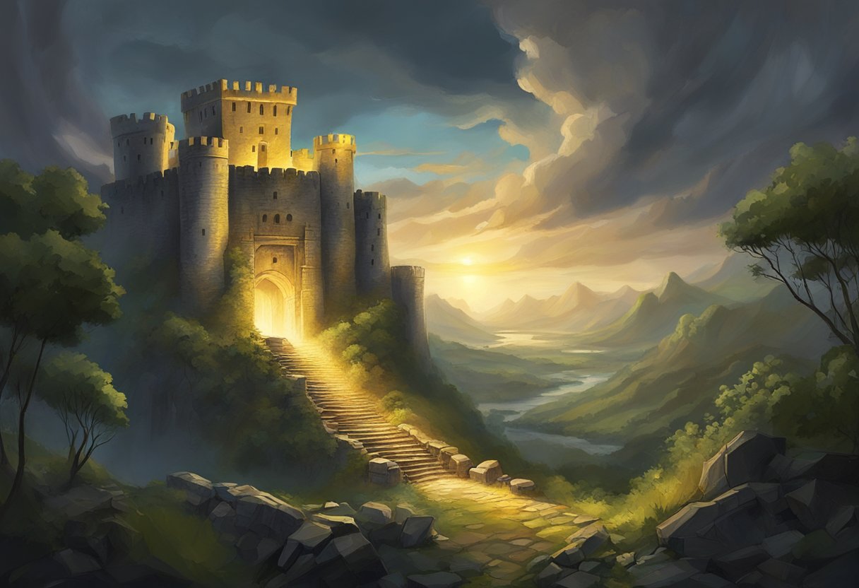 A radiant beam of light pierces through dark clouds, illuminating a crumbling fortress. Vines twist around the stronghold as it is besieged by a powerful force of spiritual warriors