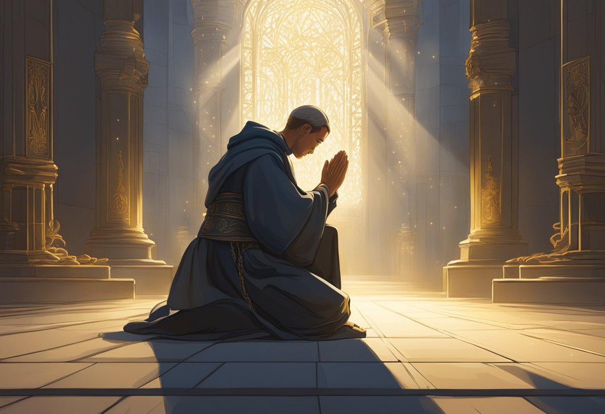 A figure kneels in prayer, surrounded by a radiant light, as dark chains and barriers crumble around them