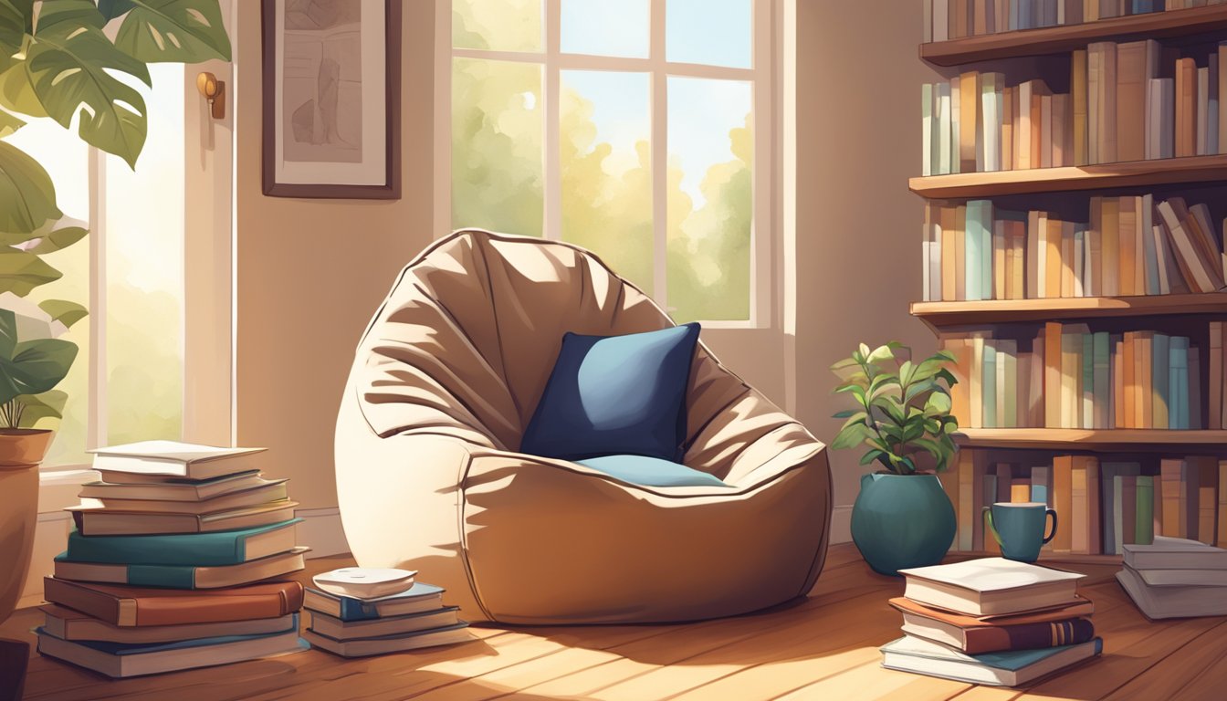 A cozy doob bean bag sits in a sunlit corner, surrounded by books and a warm cup of tea