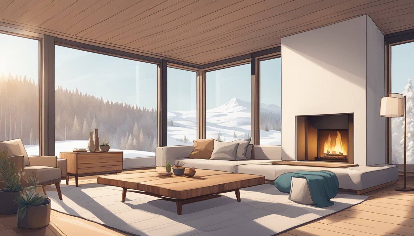 A cozy living room with a minimalist fireplace, natural wood furniture, and soft, neutral textiles. Large windows let in natural light, showcasing the surrounding snowy landscape