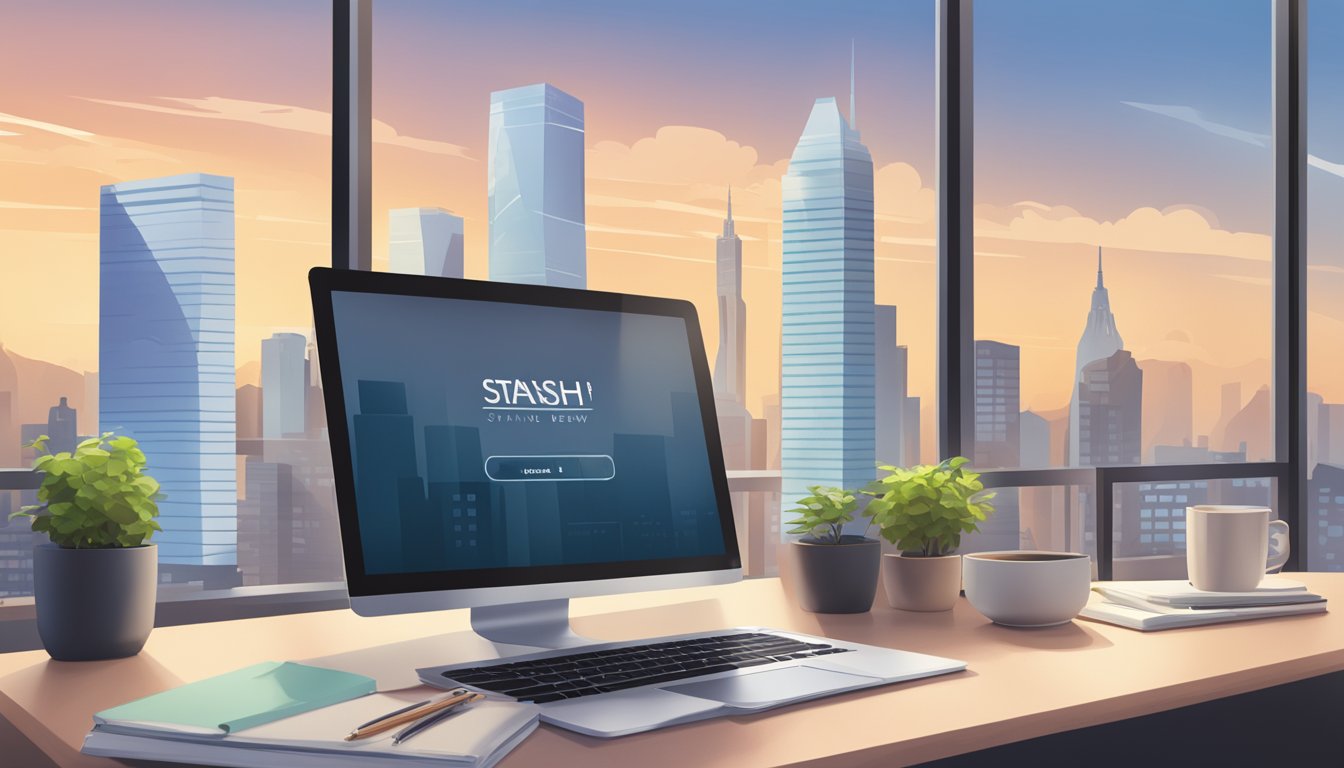 A serene office desk with a laptop, coffee mug, and a notepad with "StashAway Simple Review" written on it. The backdrop is a modern city skyline