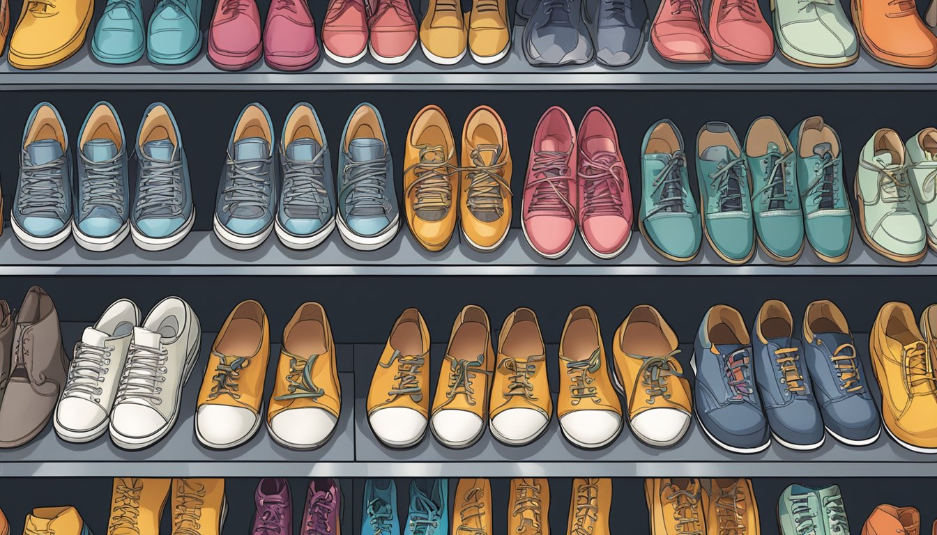 A shoe rack with labeled shelves, displaying various types of footwear neatly organized