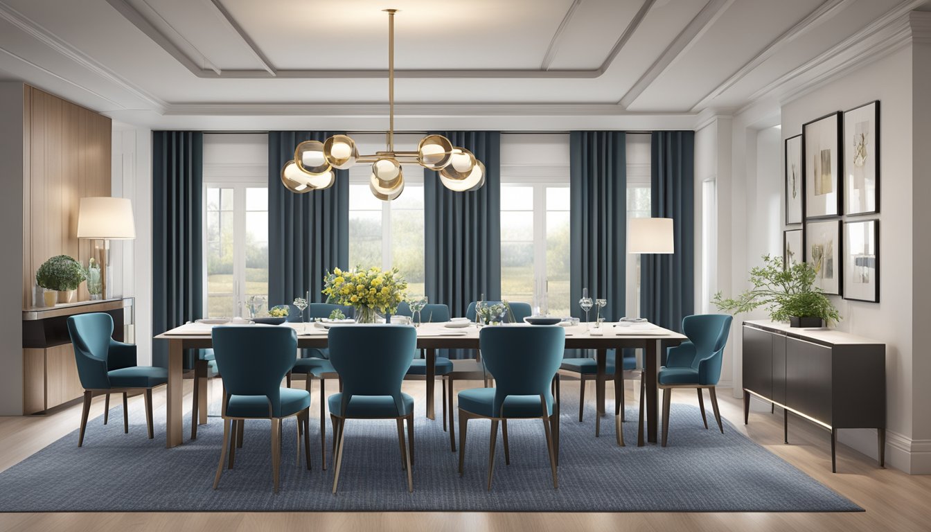 A modern dining room with a sleek 8-seater table, surrounded by stylish chairs. The table is set with elegant dinnerware and a centerpiece, creating an inviting atmosphere