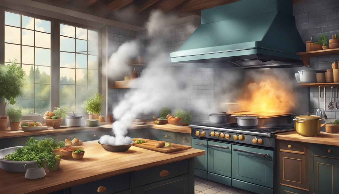 A steam oven releasing clouds of steam while cooking food