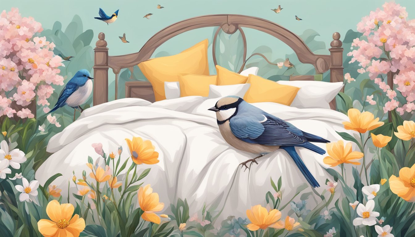 A cozy spring bed with floral sheets and a plush comforter, surrounded by blooming flowers and chirping birds