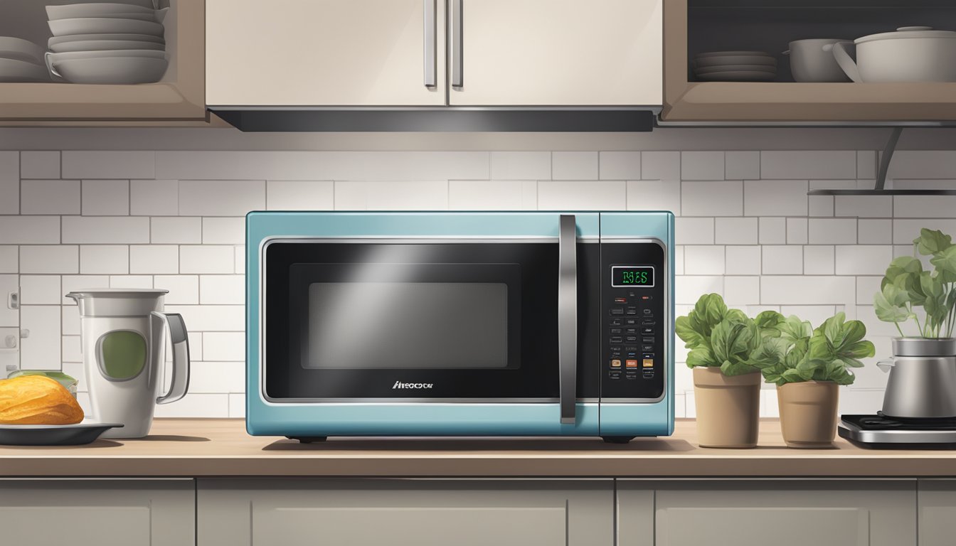 A small microwave sits on a kitchen countertop in Singapore
