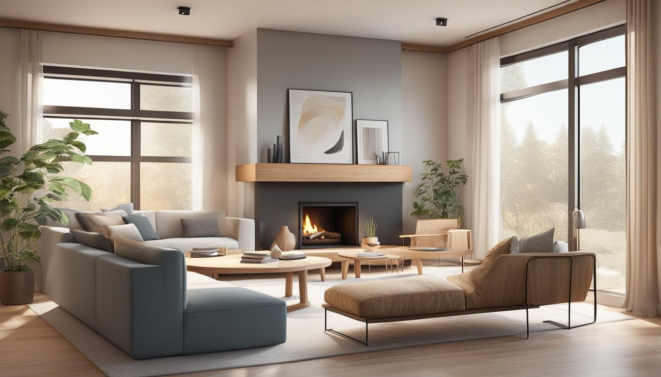 A cozy living room with minimalist furniture, natural materials, and soft lighting. A large window lets in natural light, and a fireplace adds warmth to the space. Subtle Scandinavian decor accents the room