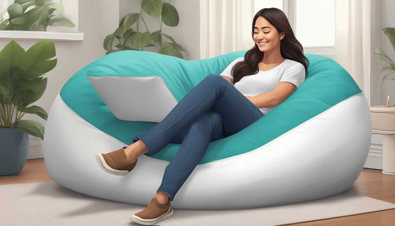 A person lounges comfortably on a Doob doob bean bag, surrounded by soft, supportive cushions. The customer's relaxed posture and contented expression indicate a positive experience