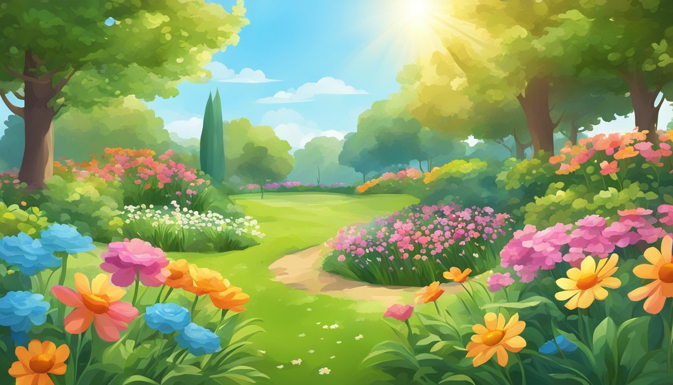 A blooming garden with colorful flowers and green grass, with a clear blue sky and a warm sun shining down