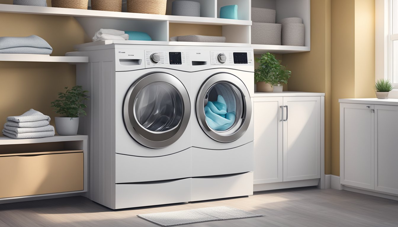 A front load washer dryer is open, with clothes tumbling inside. The machine is set against a clean, modern laundry room backdrop