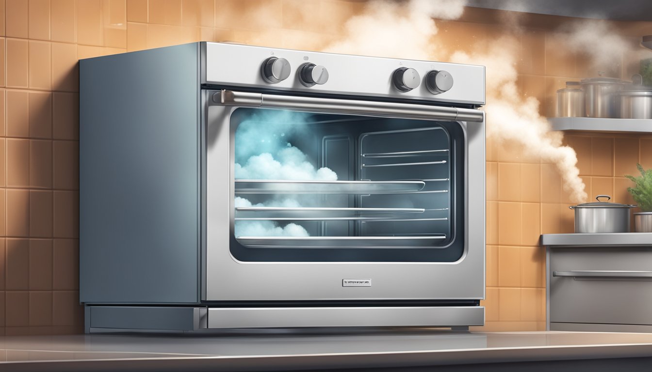 A steam oven door opens, releasing a cloud of steam. Food inside glistens with moisture, promising succulent results