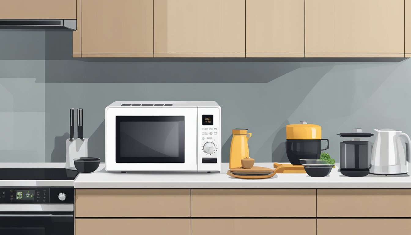 A small microwave sits on a kitchen countertop in a Singapore home, surrounded by modern appliances and neatly organized cooking utensils