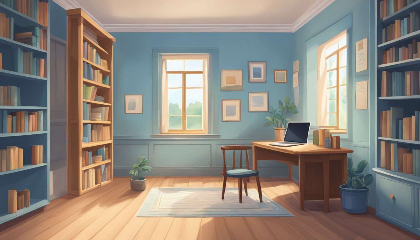 A square room with a single window, a wooden desk, and a chair. The walls are painted a soft blue, and there is a bookshelf filled with books in one corner