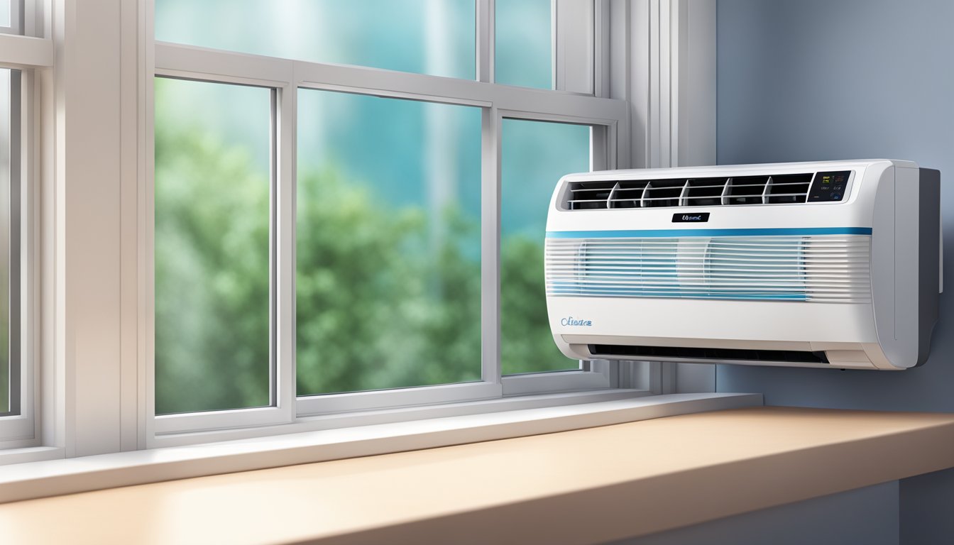 A Midea air conditioner sits on a windowsill, cooling the room with its sleek design and digital display