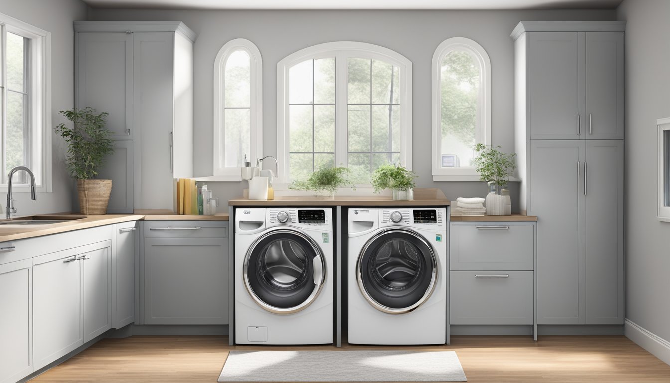 A front load washer dryer with sleek design and digital controls. Open door reveals stainless steel drum and detergent dispenser. Display shows cycle options and remaining time