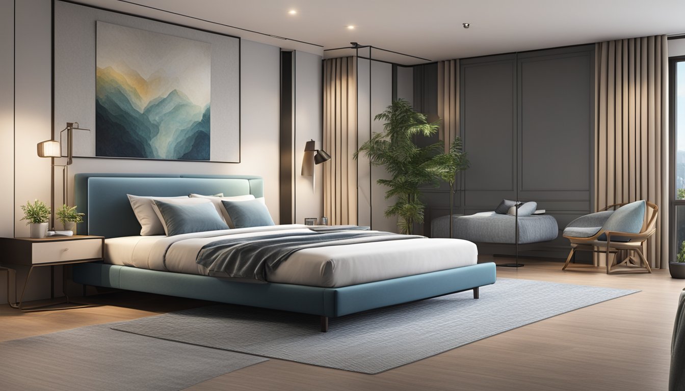A sleek, modern bed frame in a spacious, well-lit bedroom, adorned with a plush, comfortable mattress in Singapore
