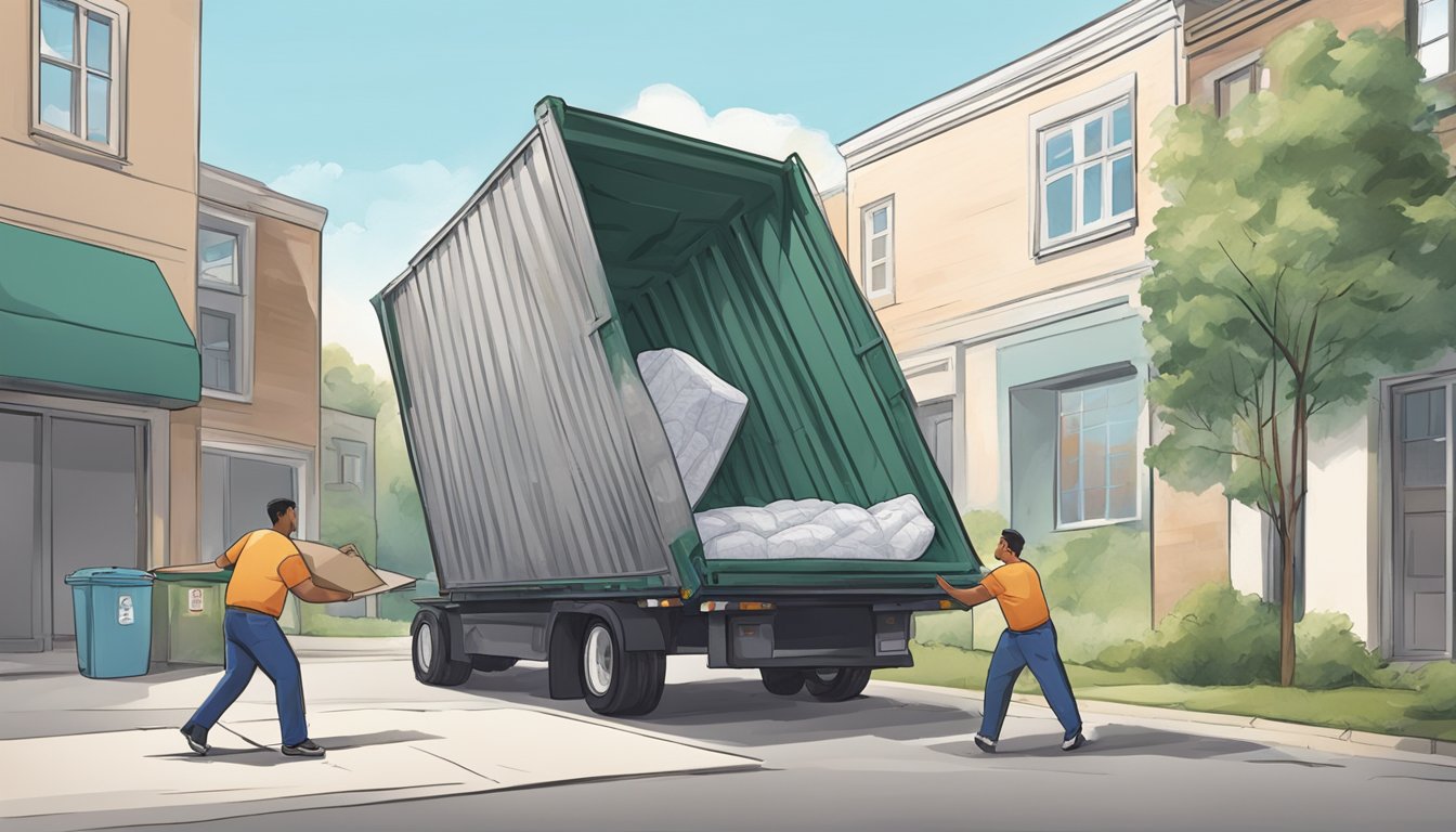 A mattress is being lifted and thrown into a dumpster by a person. The dumpster is open with a clear view of the mattress being disposed of