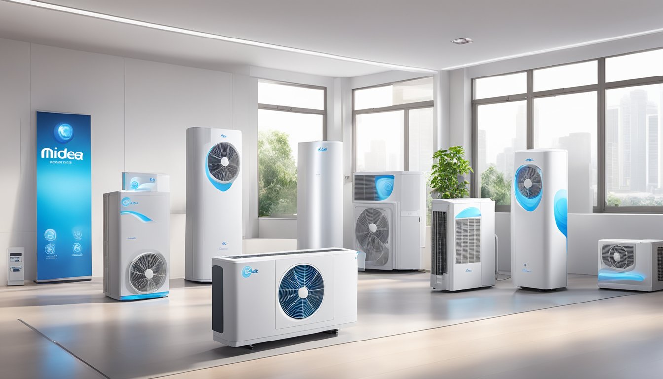 A variety of Midea air conditioners displayed in a well-lit showroom, showcasing different models and sizes with sleek designs and modern features