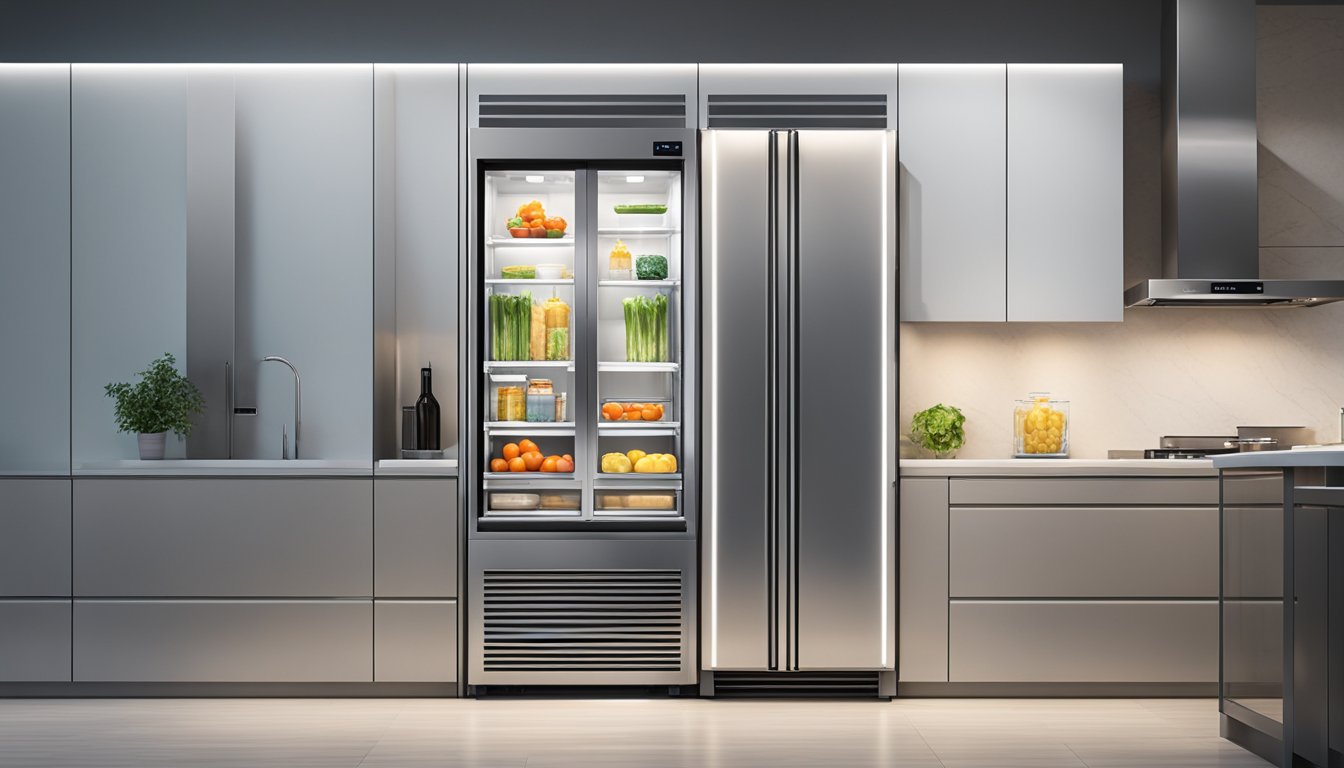 A sleek 3-door fridge stands in a modern kitchen, its stainless steel surface gleaming under the soft overhead lights. The doors are closed, but the interior shelves are visible through the clear glass panels