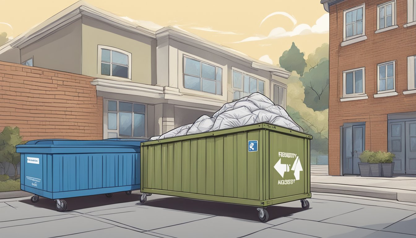 A mattress being tossed into a dumpster with a "Frequently Asked Questions" sign nearby