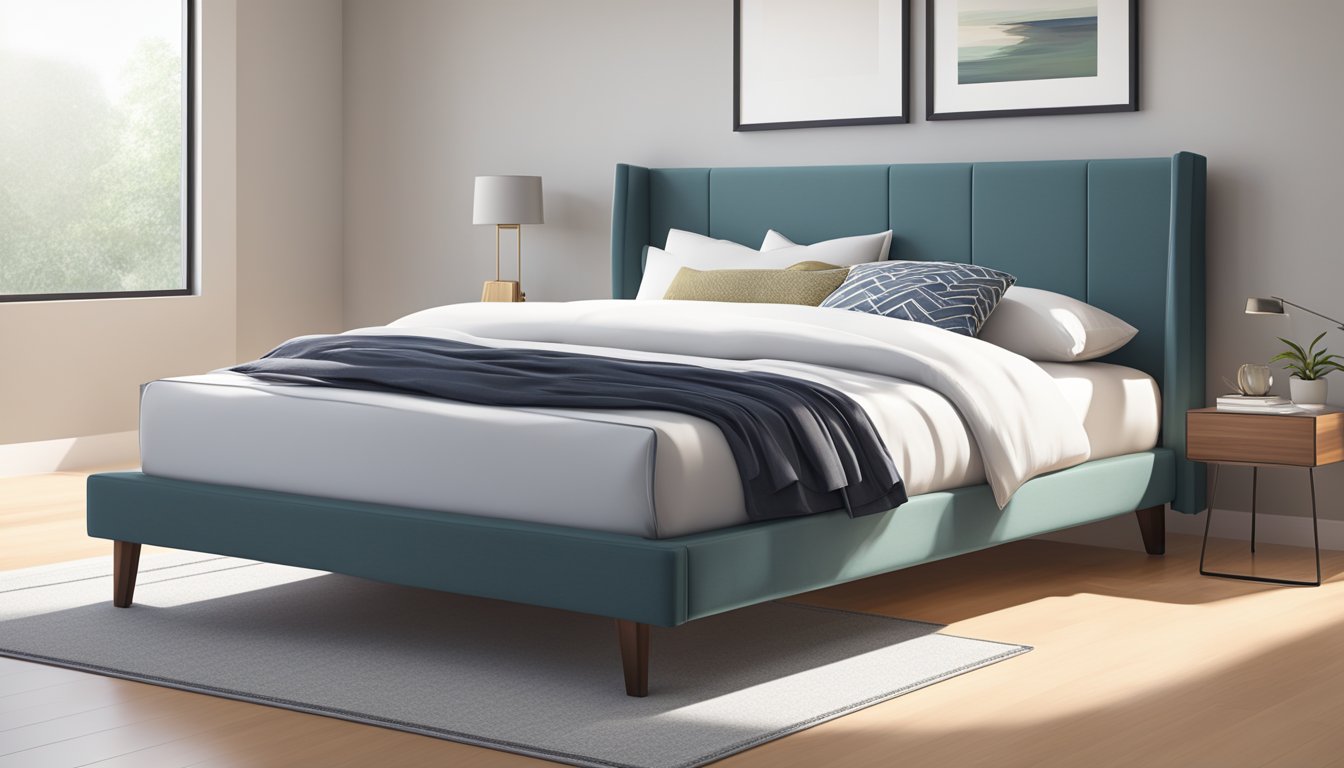 A sleek, modern bed frame stands in a bright, minimalist bedroom. A plush, inviting mattress sits atop the frame, beckoning for a restful night's sleep