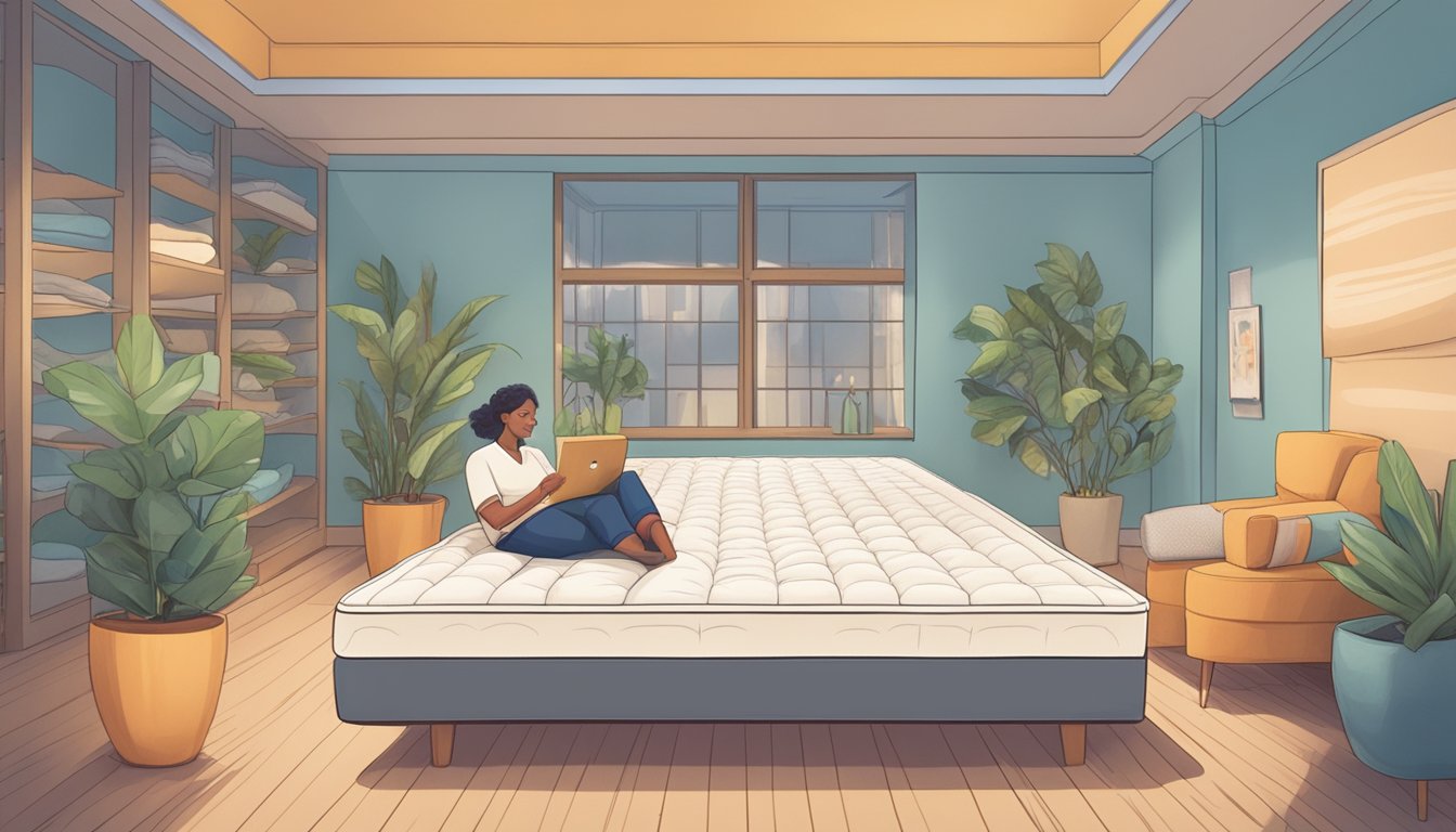 A person lying on a supportive mattress, with a relieved expression on their face, surrounded by various mattress options and a knowledgeable salesperson