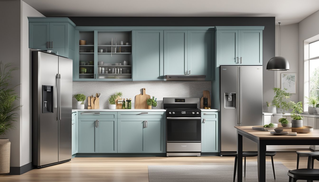 A modern kitchen with a sleek 3-door fridge, featuring stainless steel finish and digital display