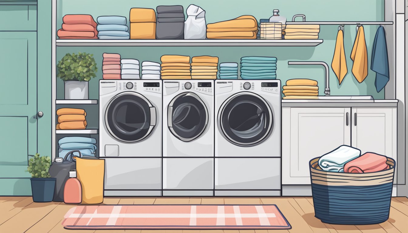 A front load washer and dryer stand side by side, with a stack of neatly folded towels on top. The machines are surrounded by bottles of detergent, fabric softener, and a laundry basket filled with clothes