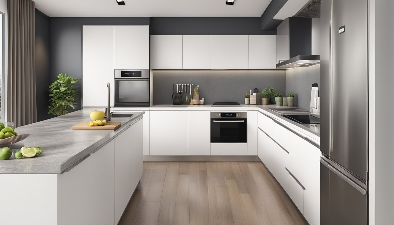 A modern kitchen with sleek white cupboards and stainless steel handles in a high-rise apartment in Singapore