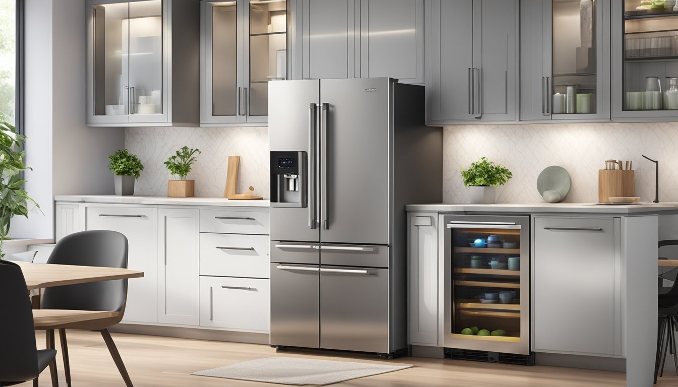 A sleek, modern 3-door fridge stands in a spacious, well-lit kitchen. Its stainless steel finish gleams under the bright overhead lights, and the doors open smoothly to reveal a well-organized interior with adjustable shelves and ample storage space