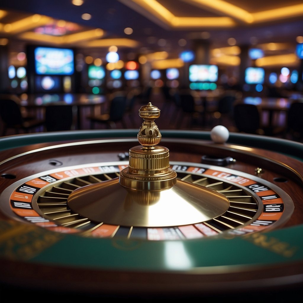 A bustling casino floor with digital screens displaying Bitcoin logos. A roulette wheel spins as players place bets using cryptocurrency