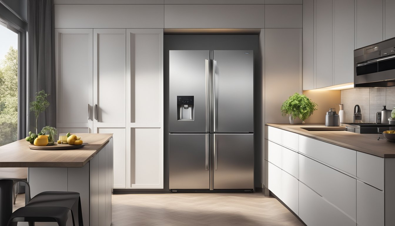 A sleek, stainless steel 3-door fridge stands in a modern kitchen, with clean lines and a spacious interior. The doors are closed, and the fridge is illuminated from within