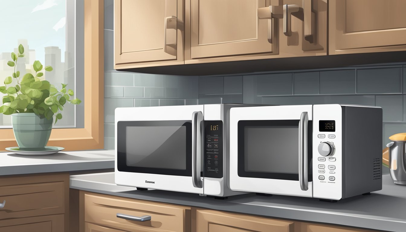A small microwave sits on a kitchen countertop, next to a toaster and coffee maker. The microwave has a digital display and a few buttons for setting the time and power level