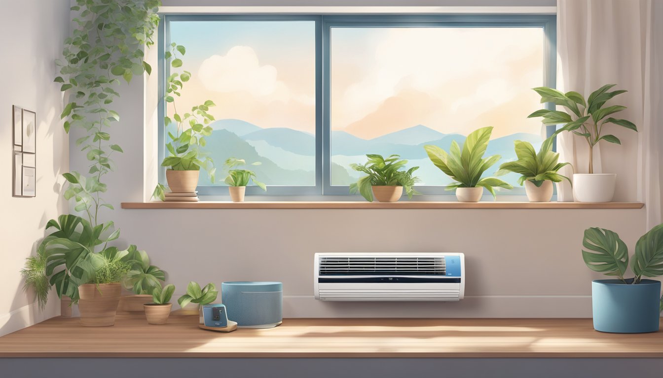 A Midea air conditioner sits on a window sill, with cool air flowing out and a remote control nearby. The room is comfortably cool, and the AC unit is surrounded by plants and a cozy chair